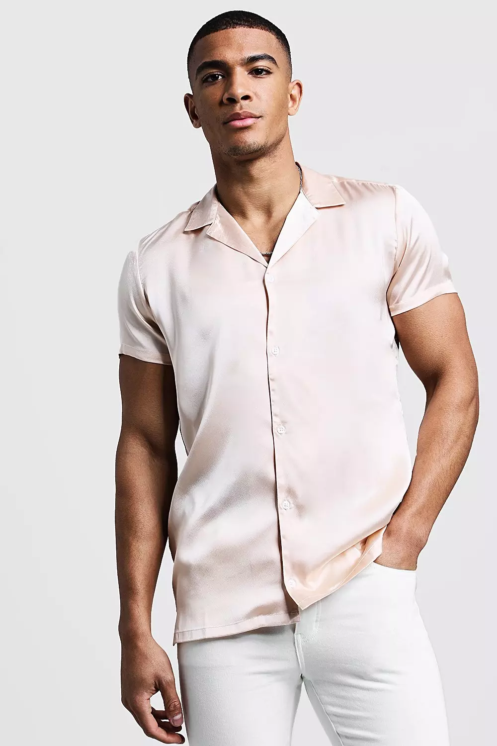 Short Sleeve Revere Satin Shirt boohooMAN UK